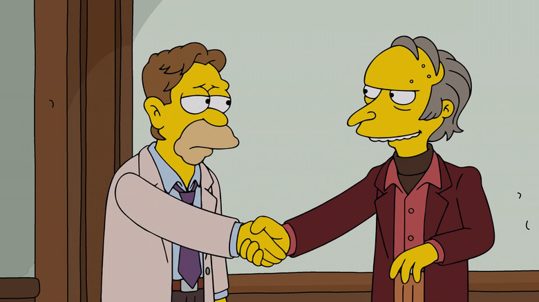 Abe Simpson and Mr. Burns shake hands after making a shady deal in The Simpsons