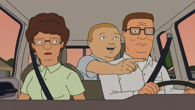 Peggy, Bobby e Hank no carro em King of the Hill