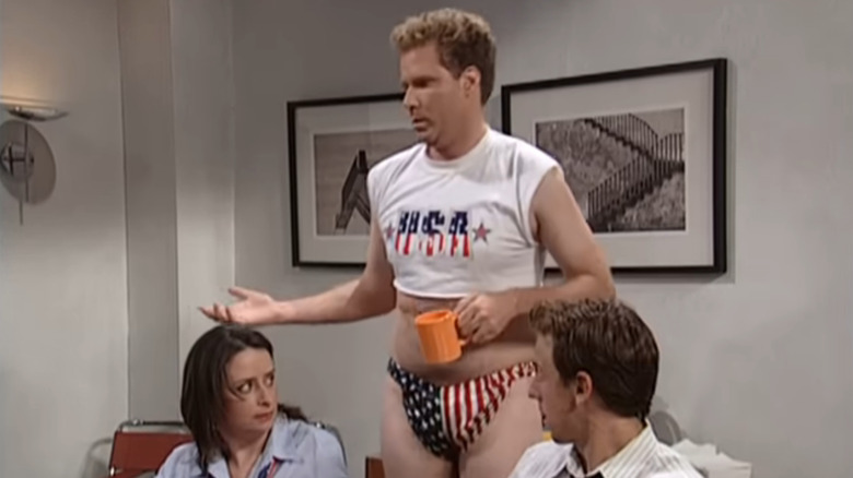 Saturday Night Live, Will Ferrell's character wearing an American thong in the office, next to a horrified Rachel Dratch and Seth Meyers