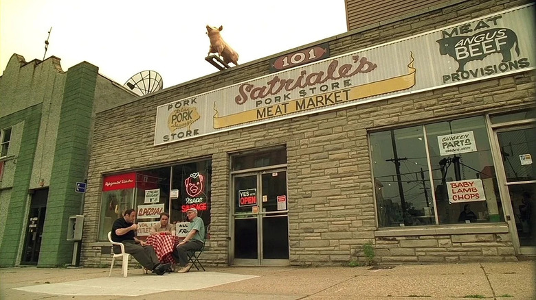 Satriale's Pork Store and Meat Market on The Sopranos, with the pig above