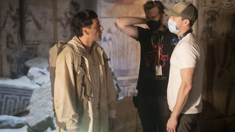 Oscar Isaac, Justin Benson, and Aaron Moorhead on the Moon Knight set