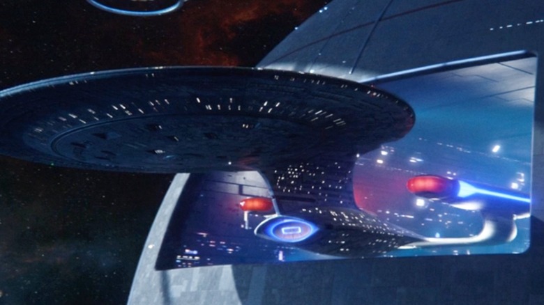 ENTERPRISE-D fly out of the space garage in Star Trek: Picard.