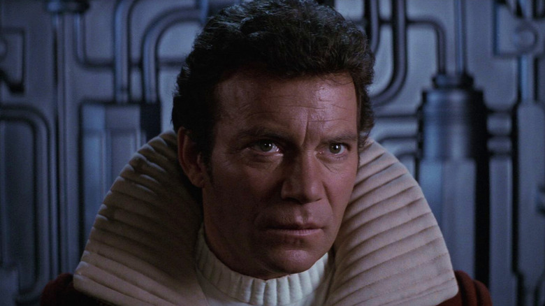 William Shatner as Captain Kirk looking serious in Star Trek II: The Wrath of Khan