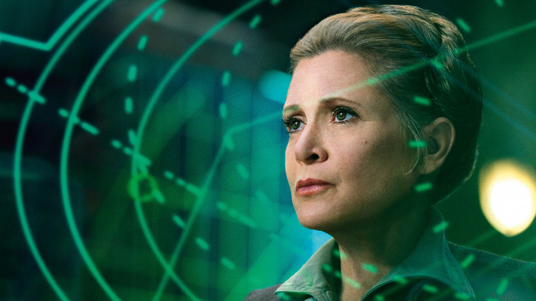 Carrie Fisher looking focused in Star Wars: The Force Awakens