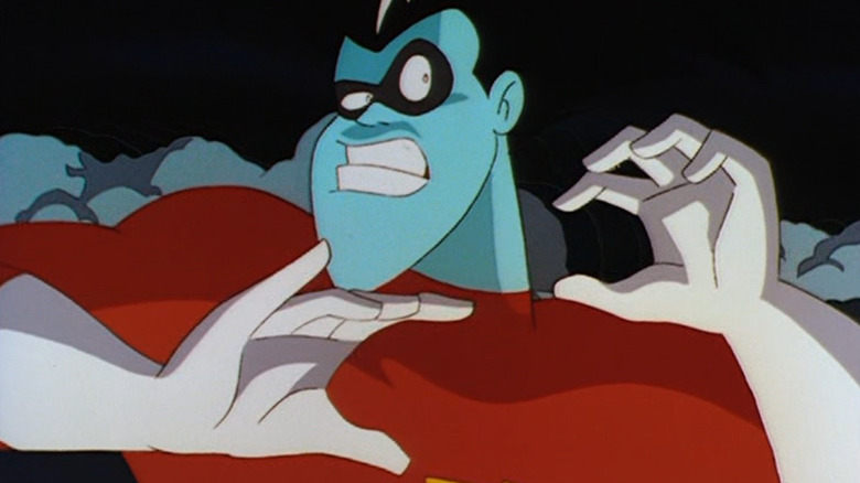 Freakazoid, looking askance at the horrid weather, on Freakazoid!