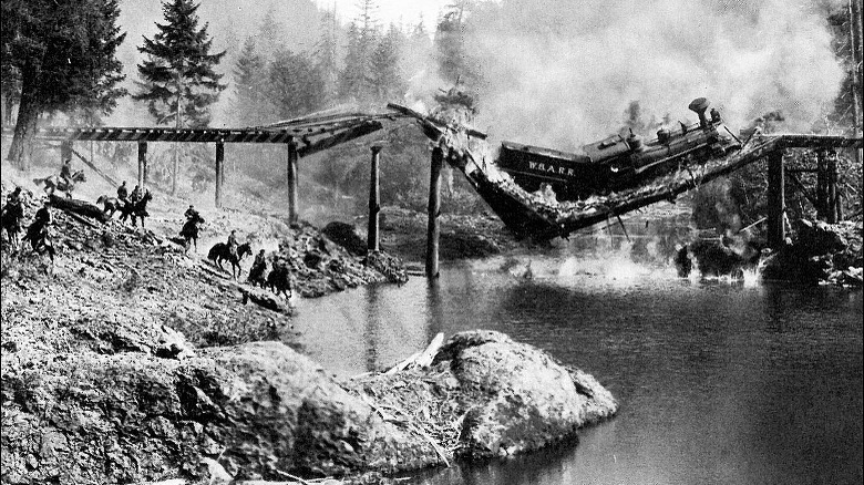 The Texas falls through the bridge in The General