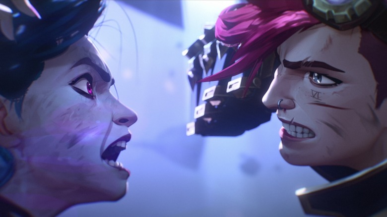 Vi and Jinx launching at each other fists at the ready in Arcane