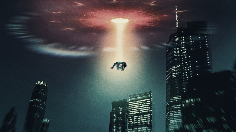 Netflix's The Manhattan Alien Abduction key art featuring a woman being pulled into a UFO