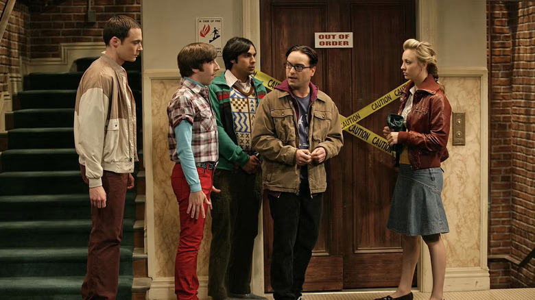 Sheldon Howard Raj Leonard and Penny in stairwell Big Bang Theory