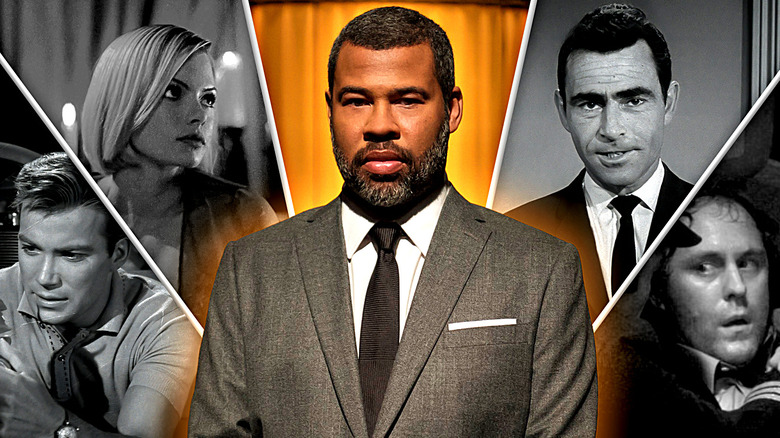 Jordan Peele surrounded by Twilight Zone characters