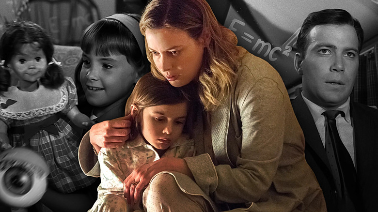 Christie (Tracy Stratford) holds her doll in The Twilight Zone (1959), Annie (Gillian Jacobs) hugs her daughter (Emerson Skye Coutts) in The Twilight Zone (2019), and Robert (William Shatner) sits on a plane in The Twilight Zone (1959)