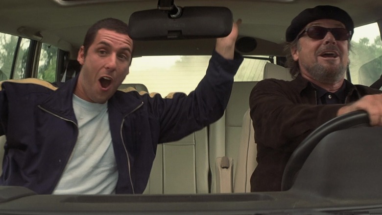 Adam Sandler as David Buznik and Jack Nicholson as Dr. Rydell riding in a car in Anger Management