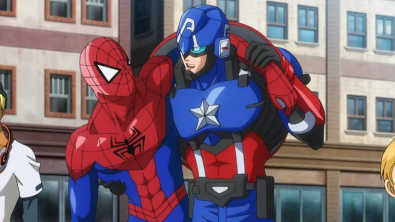 Spider-Man leaning on Captain America's shoulder in an episode of Marvel Disk Wars: The Avengers