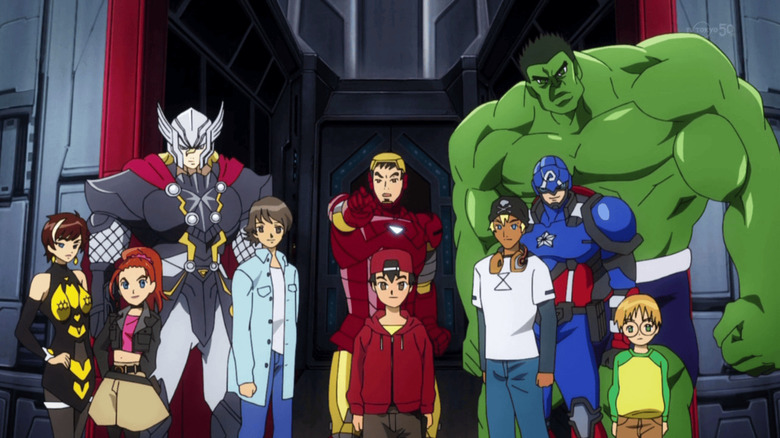 A group of childred standing among their "pet" Avengers, a shot from Marvel Disk Wars: The Avengers