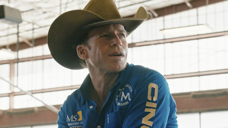 Taylor Sheridan rides a bull as Travis Wheatley in Yellowstone