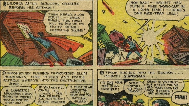 Superman tearing down houses in DC Comics panels