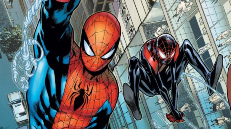 Spectacular Spider-Men Peter Parker and Miles Morales swinging through NYC both as Spider-Man