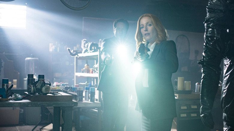 The X-Files Mulder and Scully with flashlights and guns