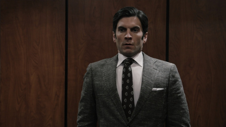 Wes Bentley as Jamie Dutton looks tense as he stands in an elevator in Yellowstone