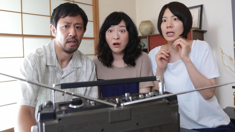 Harumi, Takayuki, and Mao looking scared in One Cut of the Dead