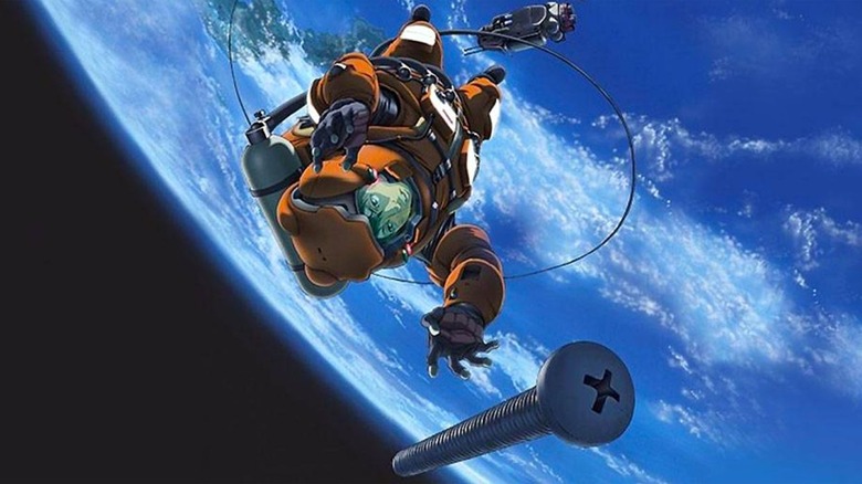 Hachimaki reaches out for a screw in outer space in Planetes