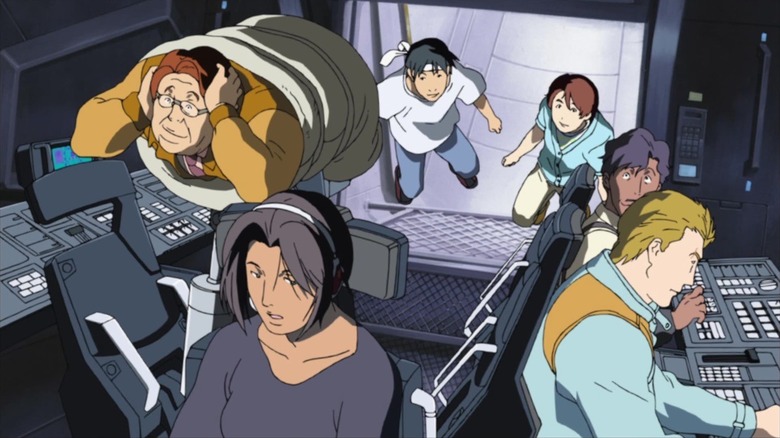 Tanabe and Hachimake float into the control room as the crew looks at Fee in Planetes