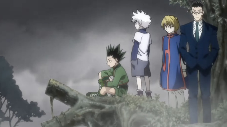 Hunter x Hunter ending 1 Gon Killua Kurapika and Leorio standing together on tree top