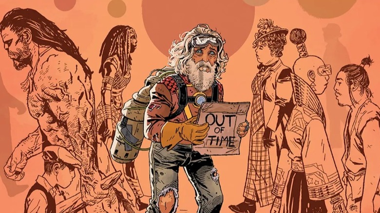 Assorted Crisis Events #1 cover people from different timelines walking, homeless doom prophet in the center