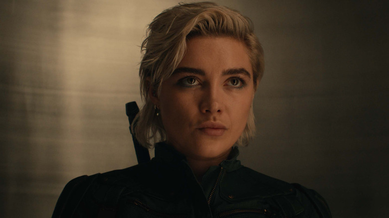 Florence Pugh as Yelena Belova rides an elevator in Thunderbolts*