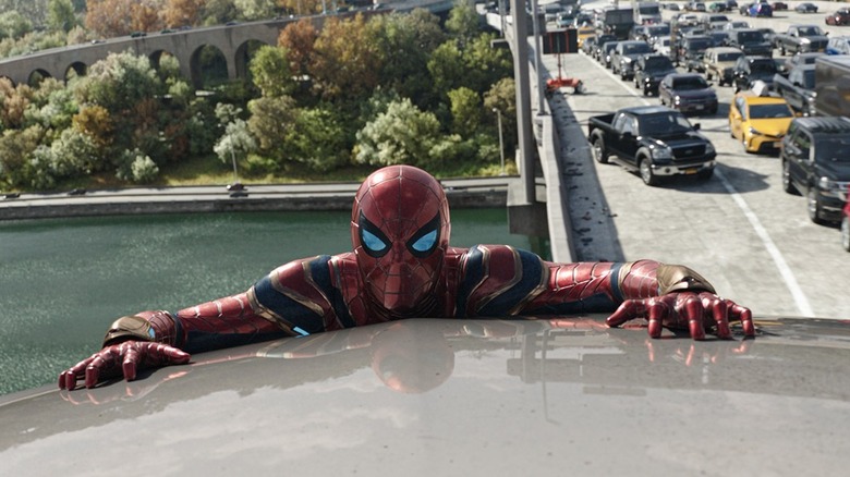 Spider-Man clinging onto a bridge in Spider-Man: No Way Home