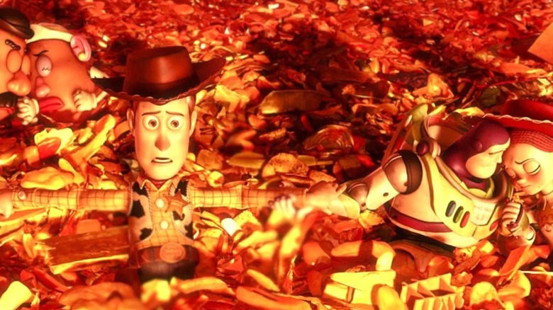 The toys of Toy Story 3 about to burn