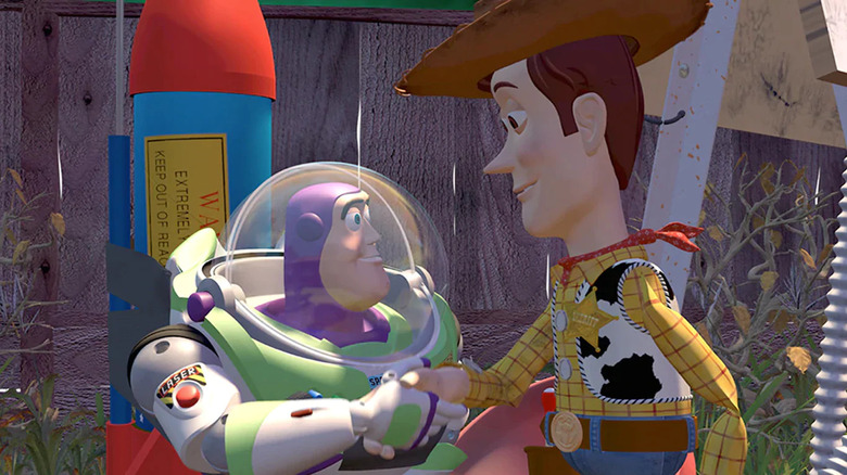 Buzz and Woody become friends in Toy Story