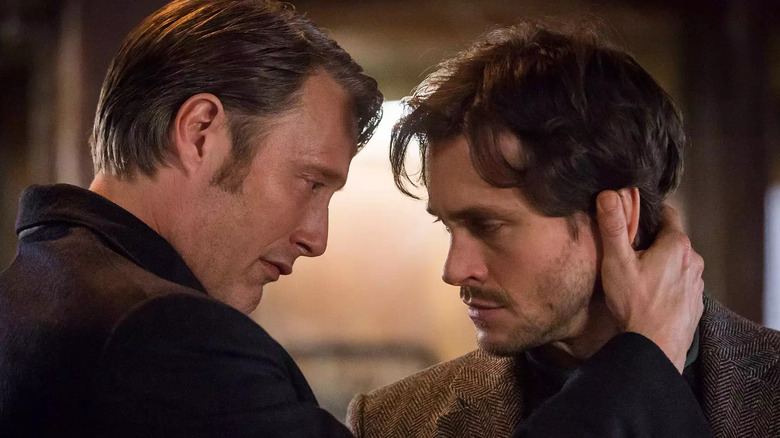 Hannibal (Mikkelsen) and Will (Hugh Dancy) prepare for a final embrace in the season three finale of "Hannibal"