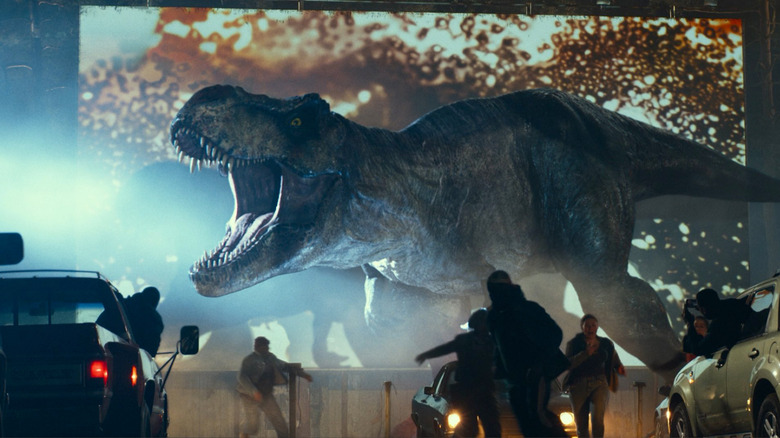 t-rex at a drive-in movie jurassic world dominion