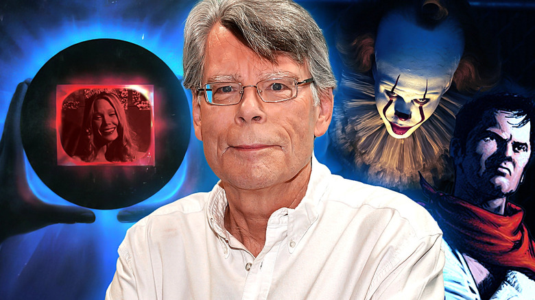 Stephen King surrounded by the cover art from The Running Man with an image from Carrie in the viewing orb, Pennywise from IT, and a graphic novel image of the Gunslinger in The Dark Tower