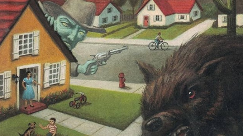 A giant wolf and blue man rampage through suburbia, from the cover of The Regulators