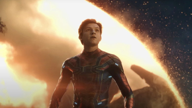 Tom Holland's Peter Parker/Spider-Man stands in front of a glowing portal in Avengers Endgame