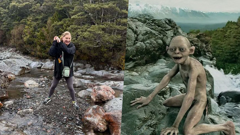 A split image of the author in New Zealand and Gollum smiling while sitting in a stream