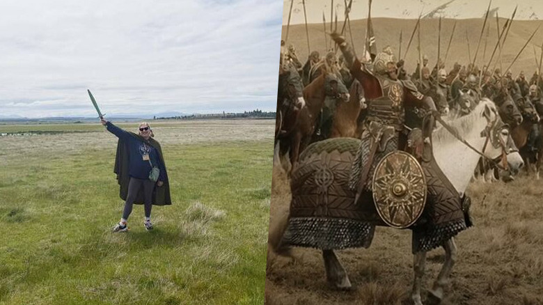 A split image of the author in New Zealand and King Theoden raising his sword with the soldiers at Pelennor Fields