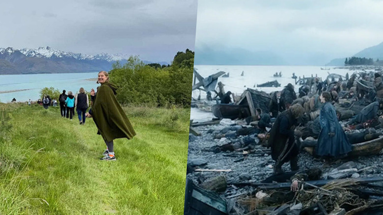 A split image of the author in New Zealand and refugees of Lake-town in The Hobbit