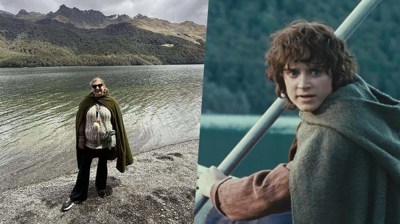 A split image of the author in New Zealand and Frodo looking concerned while holding an oar