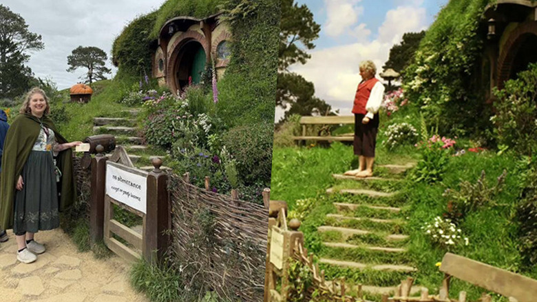 A split image of the author at Bag End next to Bilbo at Bag End