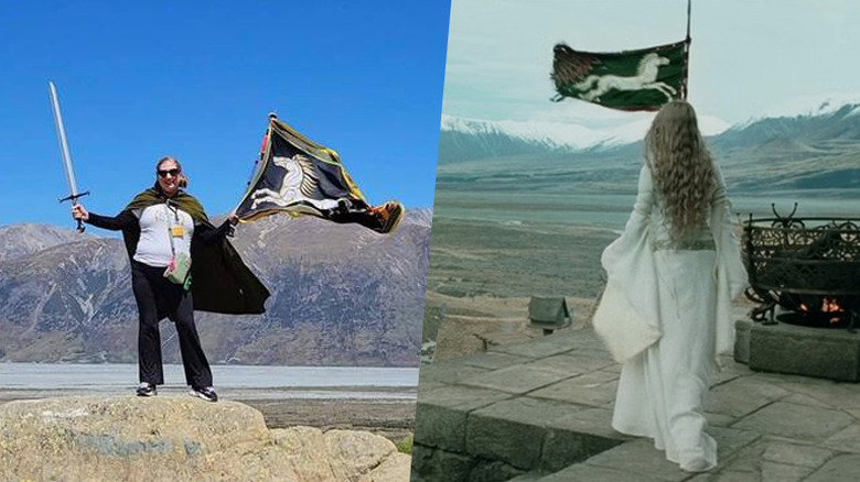 A split image of the author in New Zealand and Eowyn walking in Rohan