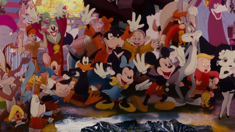 A large crowd of various cartoon characters from Who Framed Roger Rabbit's final scene.