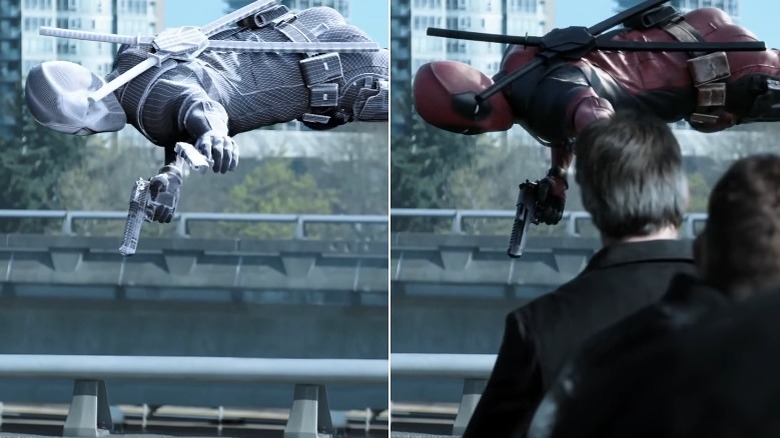 Deadpool somersaulting and firing gun at men