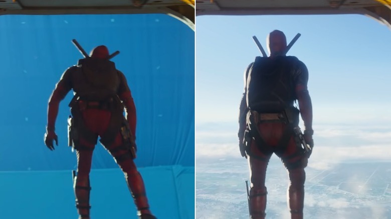 Deadpool about to skydive off a helicopter