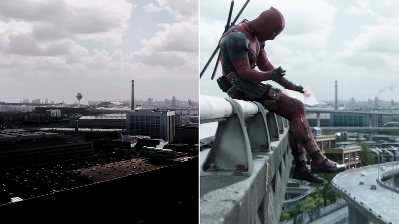 Deadpool sitting on a guardrail