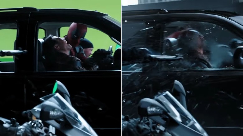 Deadpool being shot at in a car