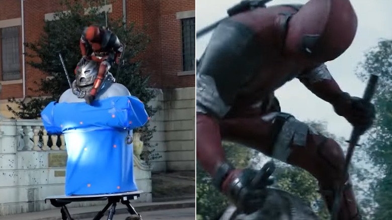 Deadpool standing on Juggernaut's shoulders