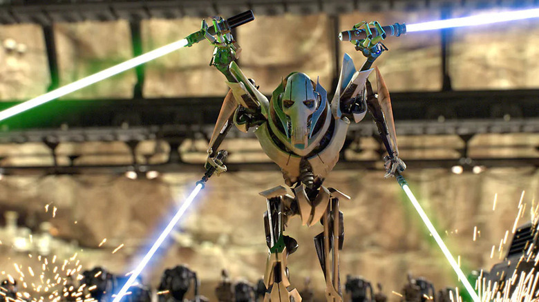 General Grievous charging with four lightsabers